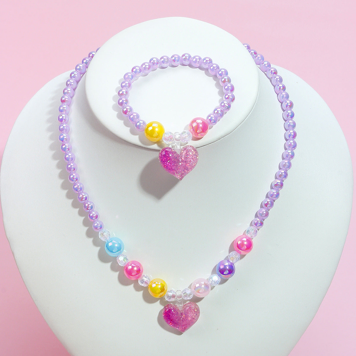 Graziosa collana in resina a forma di cuore per ragazze con catena di perle rotonde, set di gioielli per bambini stile principessa