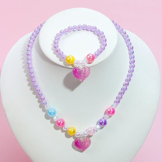 Bonito collar de resina con forma de corazón para niñas con cadena de cuentas redondas Estilo princesa Conjunto de joyas para niños