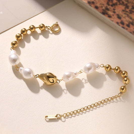 Minimalist Vintage Geometric Stainless Steel Plated Bracelet with Irregular Pearl for Women