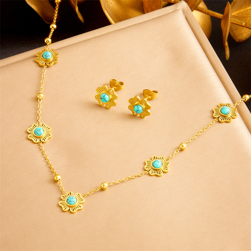 Vintage Gold Plated Stainless Steel Floral Turquoise Jewelry Set for Women