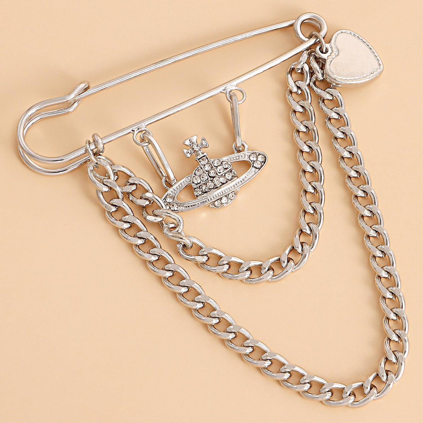 Punk Style Geometric Heart and Cosmic Planet Pendant Brooch with Tassels for Women Alloy Plated Jewelry