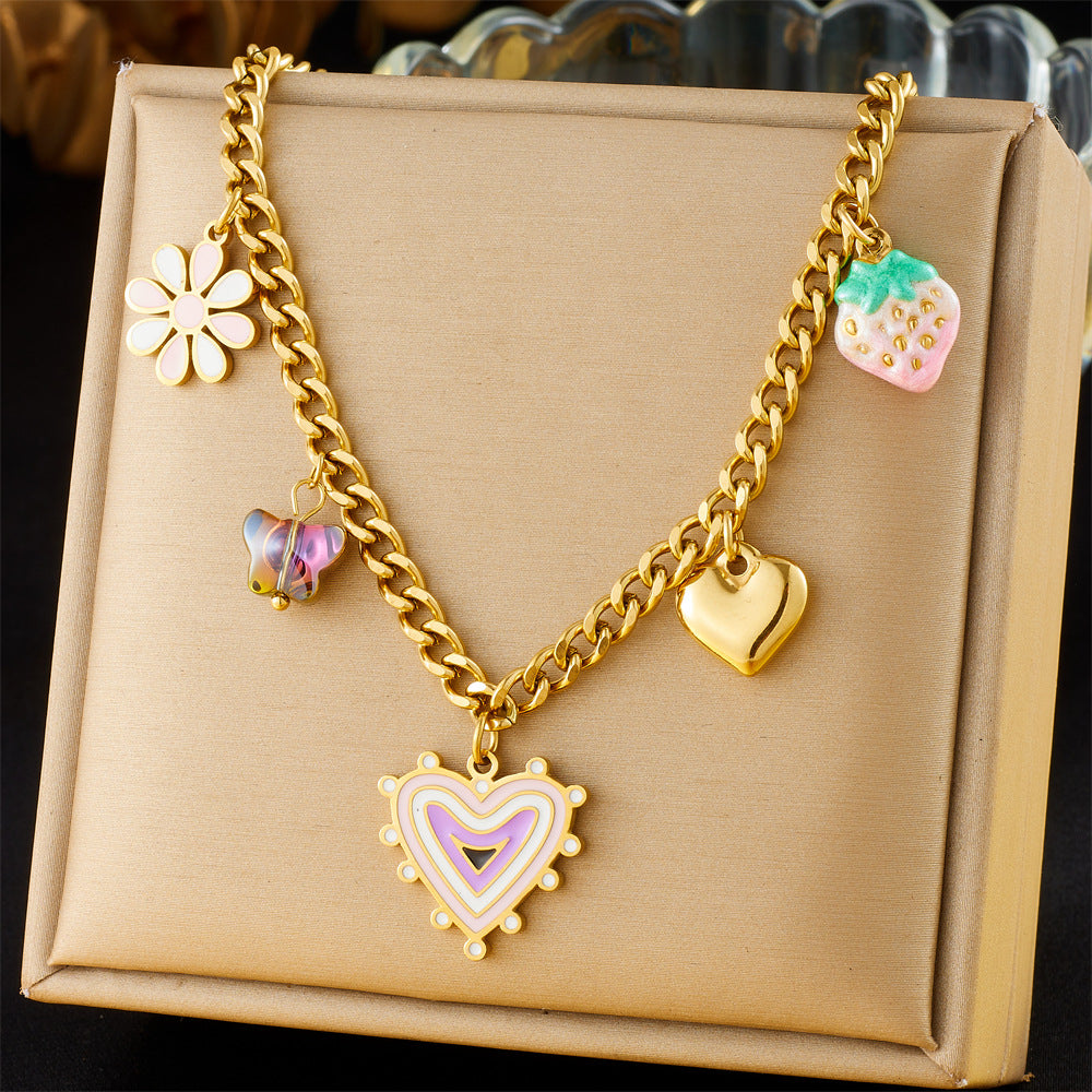 Sweet Gradient Strawberry Floral Heart Pendant Necklace in Stainless Steel with Plated Finish