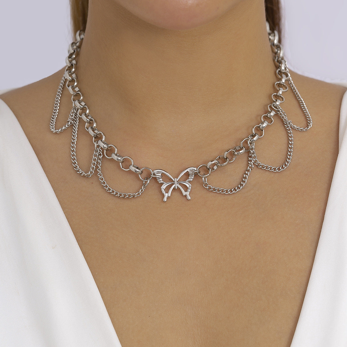 Punk Alloy Plated Butterfly Pendant Necklace with Cable Chain for Women