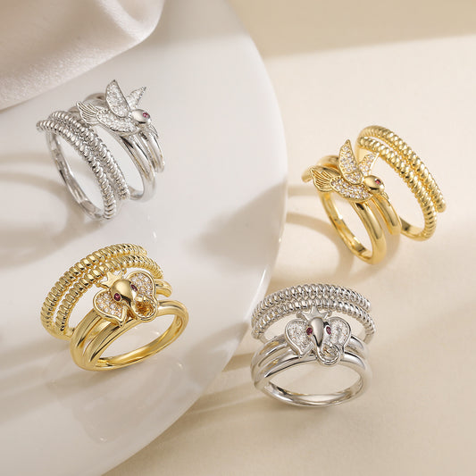 Minimalist Vintage Gold Plated Brass Geometric Animal Ring with Cubic Zirconia for Women