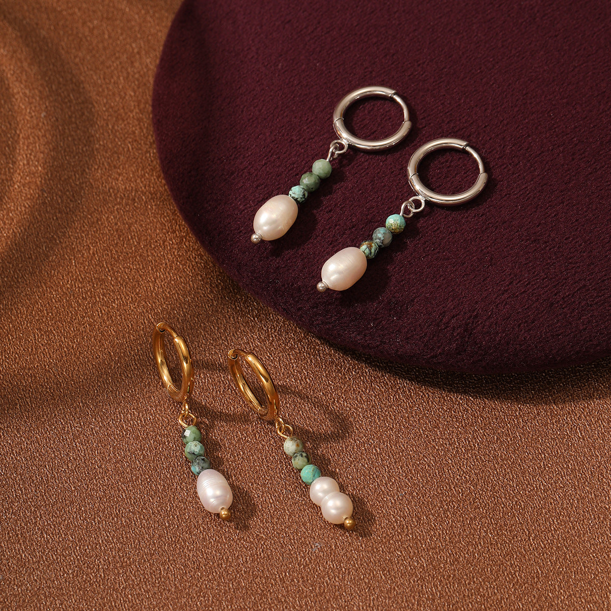Pendientes de Acero de Titanio en Forma de I, Minimalistas y Elegantes para Mujer, con Acentos de Turquesa Natural y Perlas