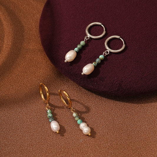 Fashionable Minimalist I-Shaped Titanium Steel Earrings for Women with Natural Turquoise and Pearl Accents