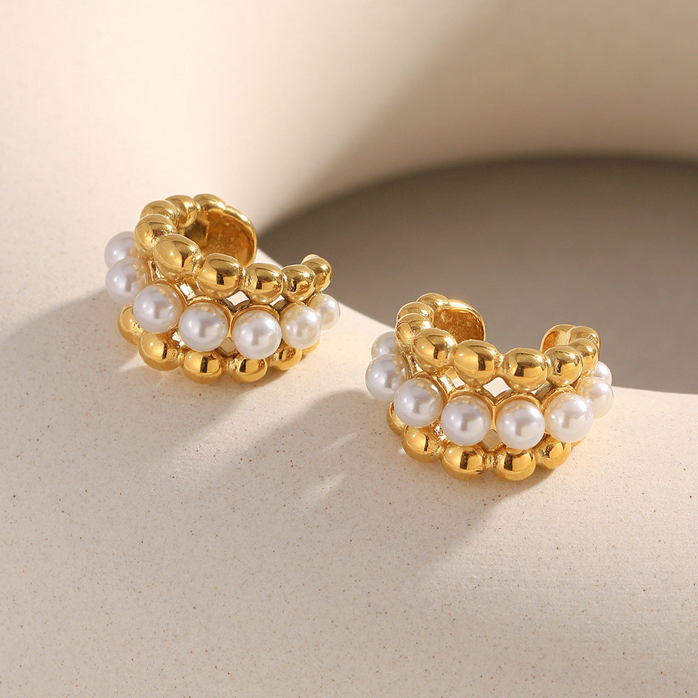 Orecchini a perno geometrici minimalisti in acciaio inossidabile con placcatura in oro 18K e perle finte per donna