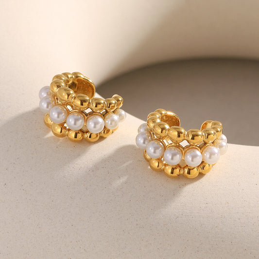 Orecchini a perno geometrici minimalisti in acciaio inossidabile con placcatura in oro 18K e perle finte per donna