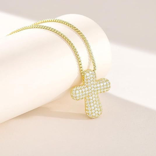 Elegante Ciondolo a Croce in Ottone con Zirconi Incastonati, Collana con Catena a Scatola Unisex
