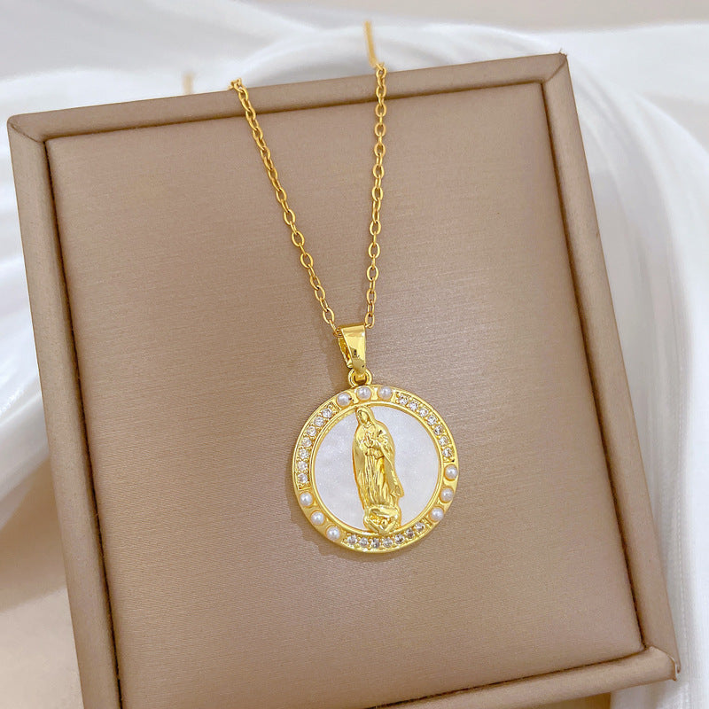 Sweet Minimalist Geometric Moon Pearl Shell Portrait Rhinestone Pendant Titanium Steel Necklace for Unisex
