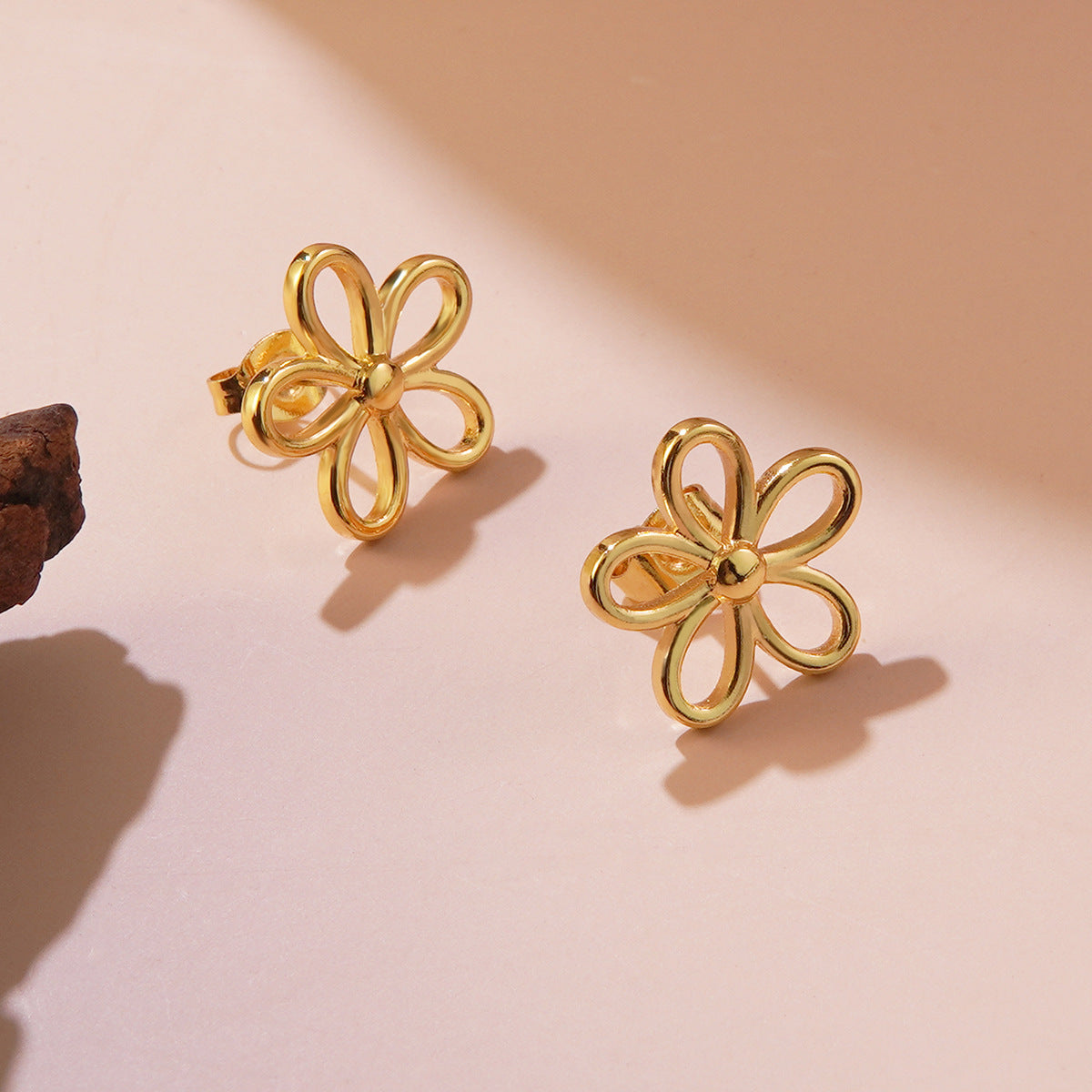 Sweet Minimalist Floral Hollow Five-Petal Stainless Steel Stud Earrings for Women