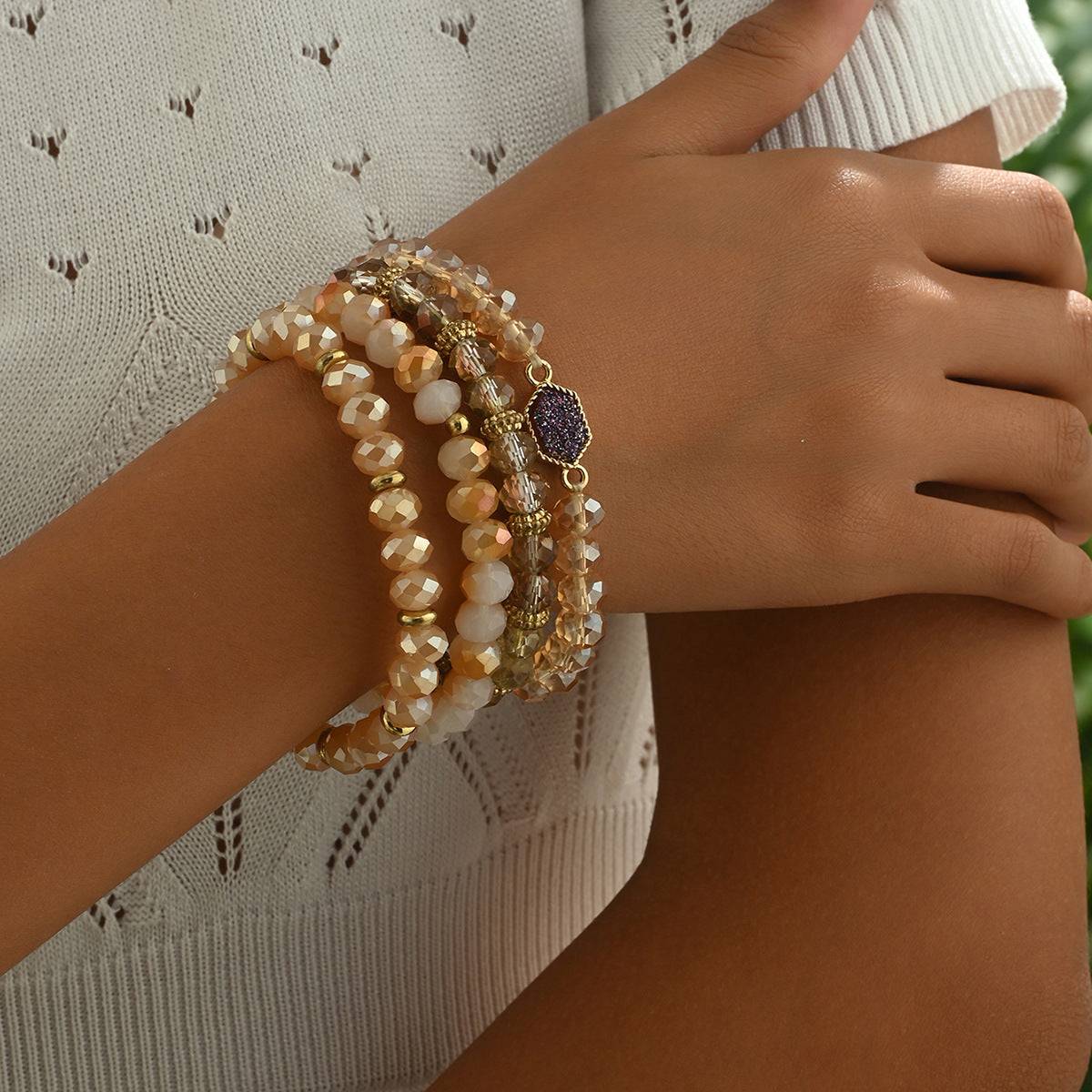 Minimalist Geometric Beaded Bracelet Set for Women with Crystal Accents and Alloy Inlay Handwoven Design