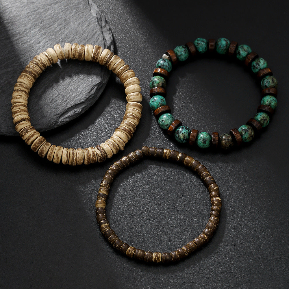 Vintage Round Wood Bead Bracelet Set with Turquoise Inlay for Unisex