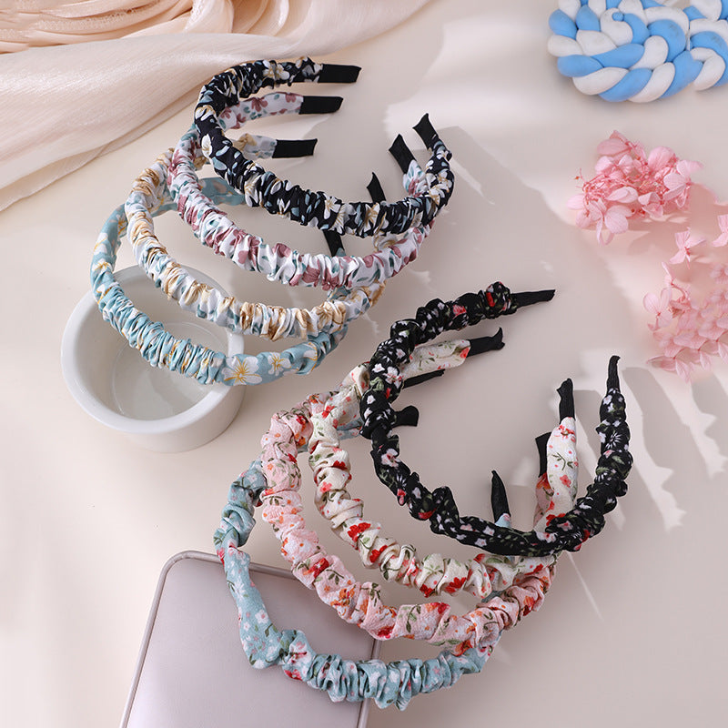 Diadema de tela rizada con estampado floral retro para niñas con revestimiento de resina brillante, accesorio de verano bohemio para el cabello