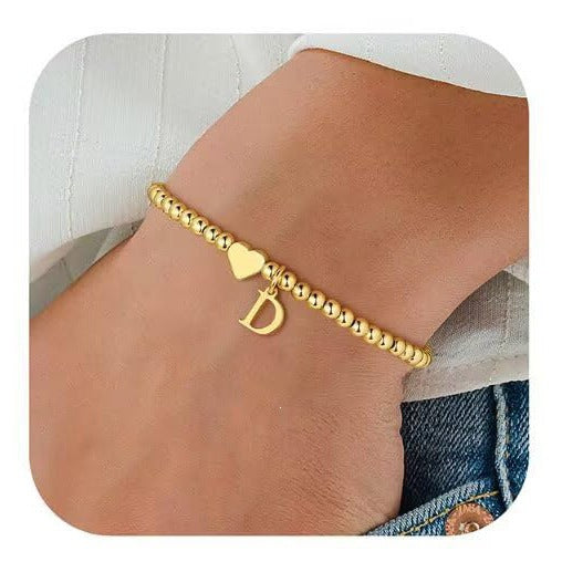 Gold Plated Stainless Steel Heart Letter Charm Bracelet for Women