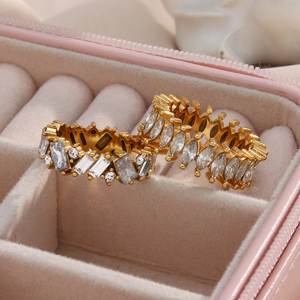 Fashionable Geometric Stainless Steel Ring with Rhinestone Inlay for Women, Electroplated Elegant Hand Jewelry