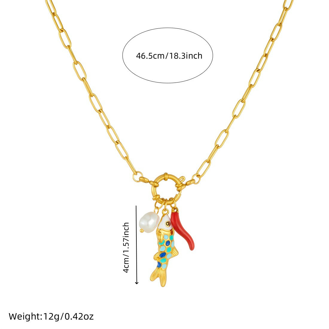 Colorful Drip Oil Fish Pendant with Imitation Pearl Stainless Steel Curb Chain Necklace for Women