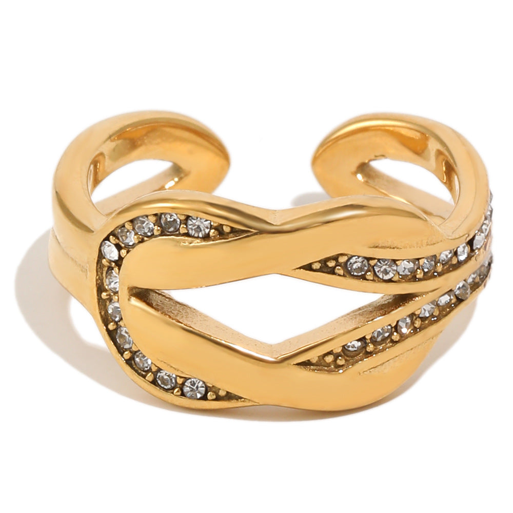 Elegant Minimalist Geometric 18K Gold Plated Stainless Steel Rhinestone Knot Open Ring for Women