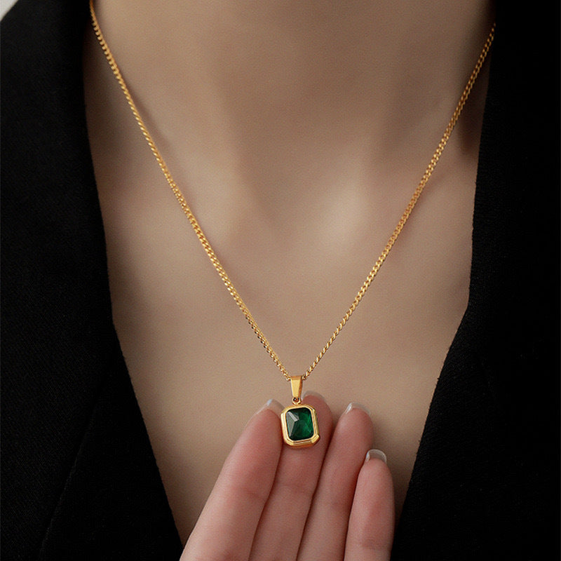 Geometric Green Rhinestone Pendant Necklace for Women in Titanium Steel with Plating Finish