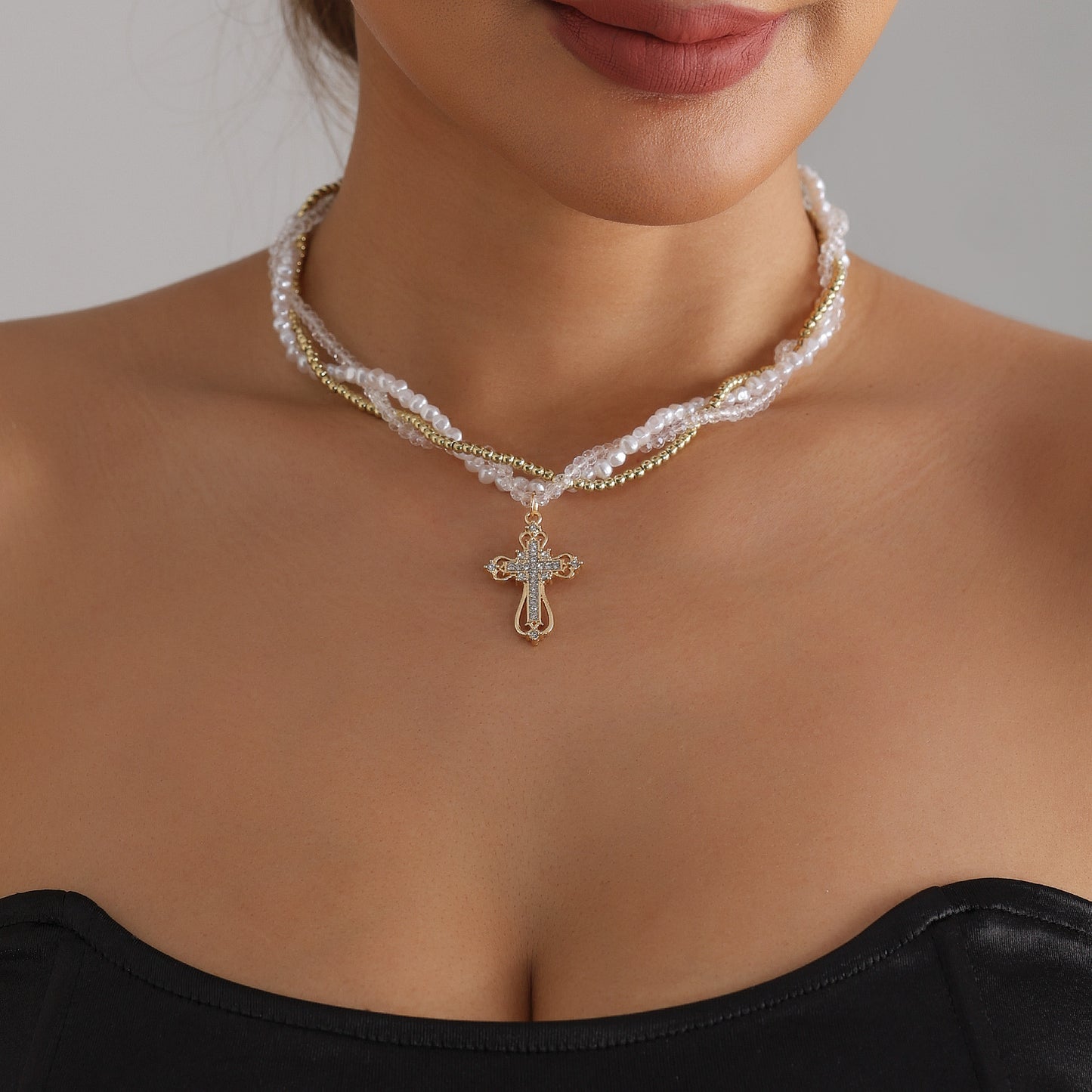 Geometric Cross Rhinestone Inlay Alloy Rope Chain Necklace for Women
