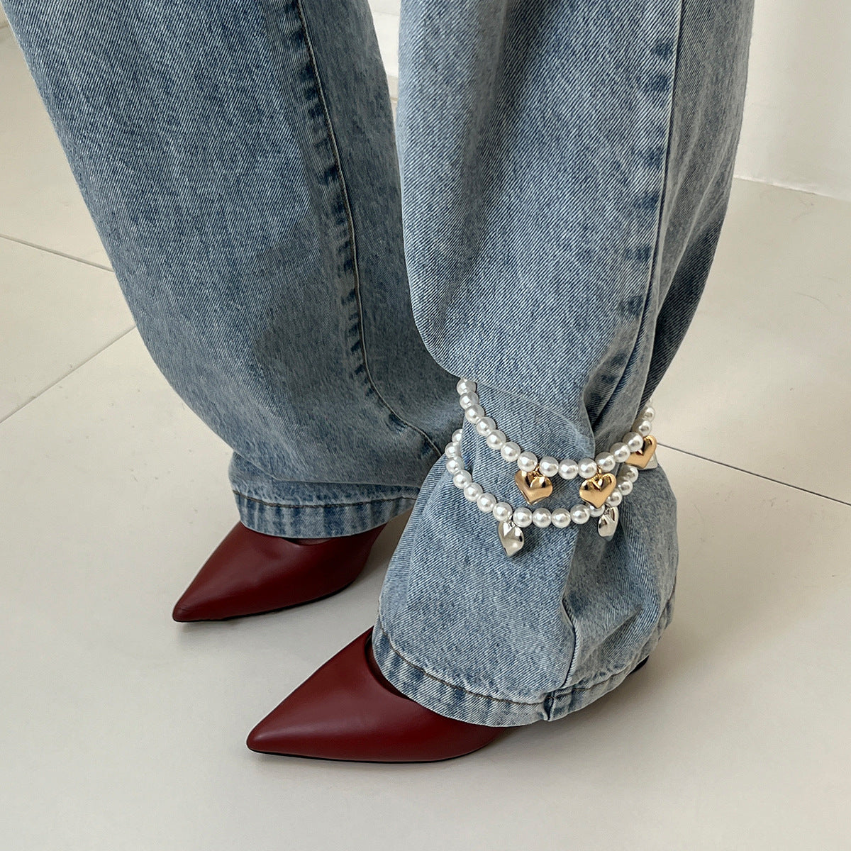 Elegant Heart Faux Pearl Beaded Anklet for Women