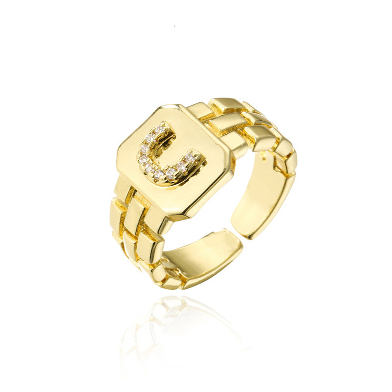 Minimalist Adjustable Open Ring with 18K Gold Plated Copper Band and AAA Zircon Letters Design