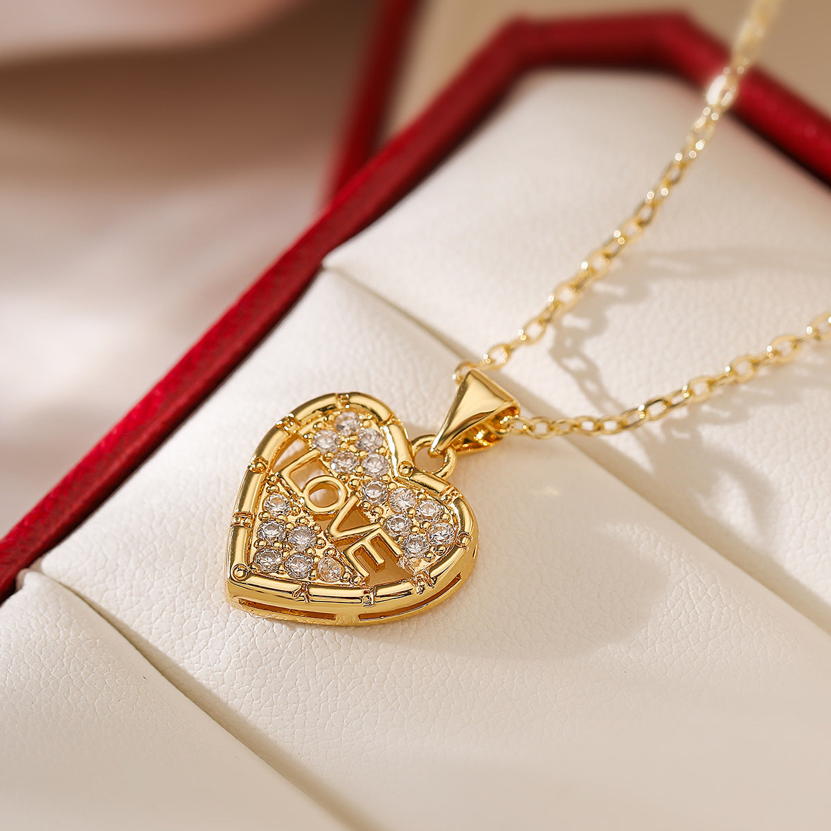 Minimalist LOVE Heart Pendant Necklace for Women in Copper with 18K Gold Plating and Zircon Inlay