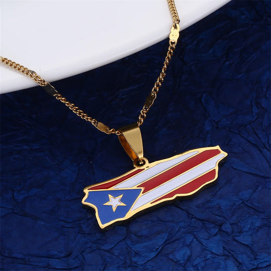 Minimalist Geometric Puerto Rico Map Pendant Necklace for Men and Women in Stainless Steel with Enamel Finish