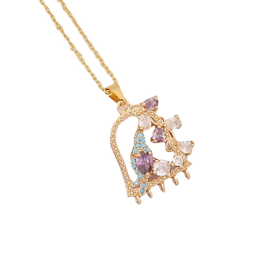 Elegant Brass Plated Leaf Heart Pendant Necklace with Cubic Zirconia Inlay