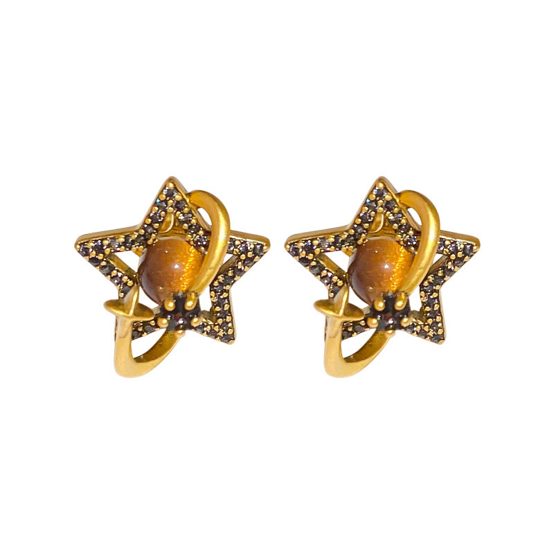 Pendientes de botón con diseño geométrico en forma de Saturno chapados en oro de estilo lujoso para mujer con incrustaciones de circonita y diseño minimalista elegante