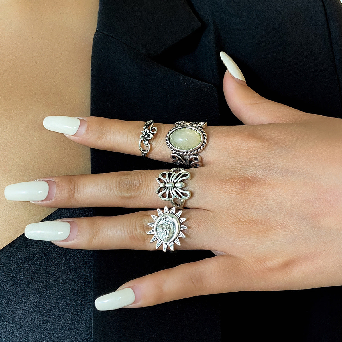 Vintage Bohemian Butterfly Engraved Alloy Ring Set for Women with Antique Finish and Geometric Animal Design