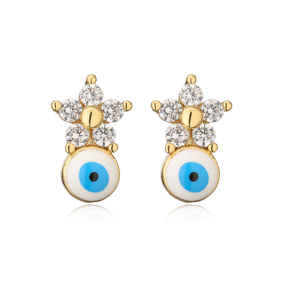 Orecchini a perno geometrici minimalisti a forma di occhio di Hamsa da donna con finitura in smalto e zirconi cubici