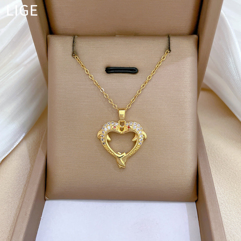 Minimalist Heart-Shaped Titanium Steel Necklace with Rhinestone Inlay for Women and Men, Delicate Clavicle Chain