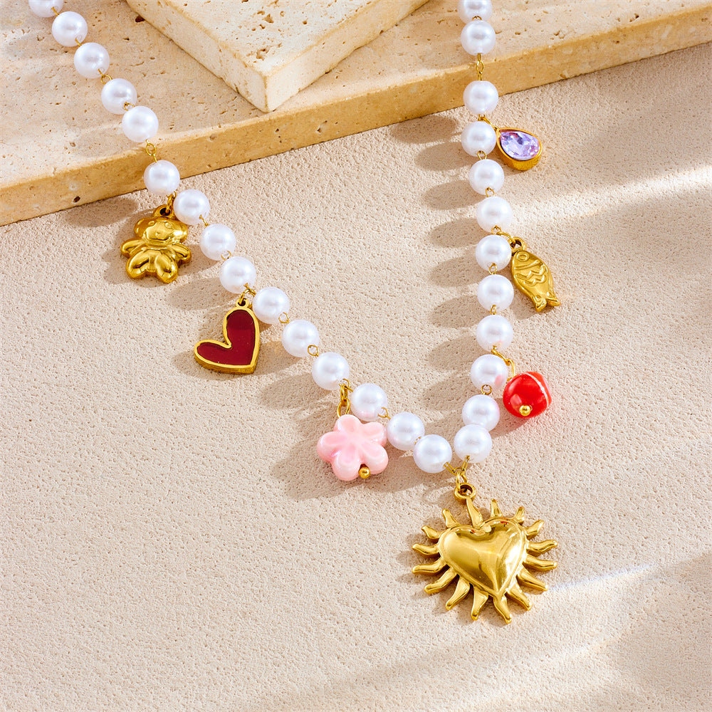 Vintage French-Style Heart-Shaped Gold-Plated Stainless Steel Pendant Necklace with Pearl Chain