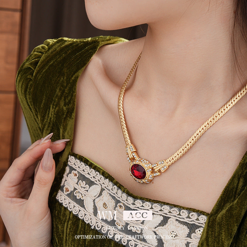 Collana con Ciondolo Ovale Geometrico Vintage con Intarsio di Strass in Lega, Collana a Catena Snake per Donne