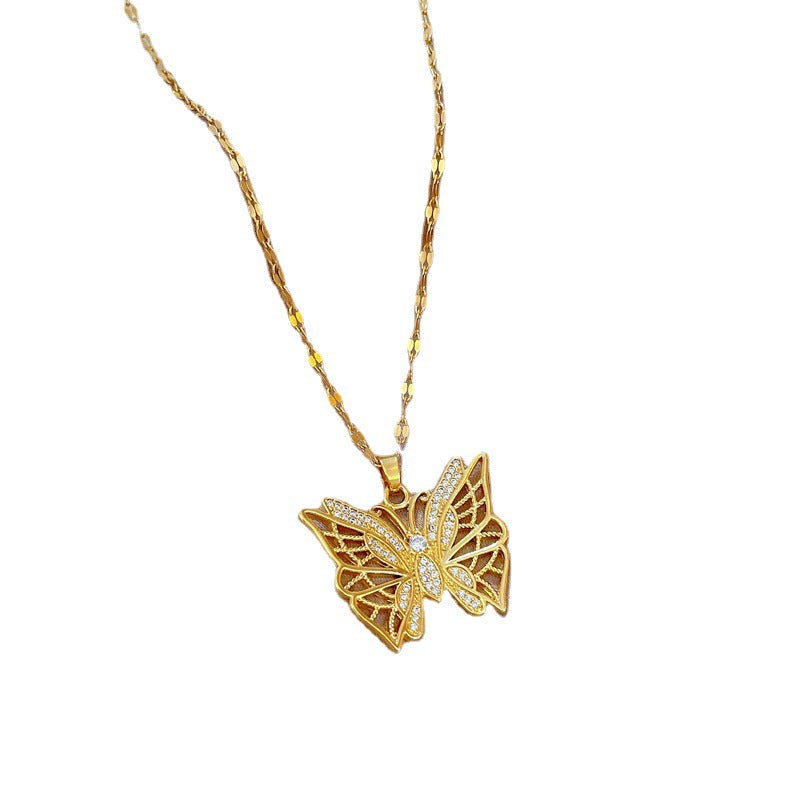 Handcrafted Titanium Steel Hollow Butterfly Pendant Necklace for Women with Micro Gold Inlay, Delicate Clavicle Chain Jewelry