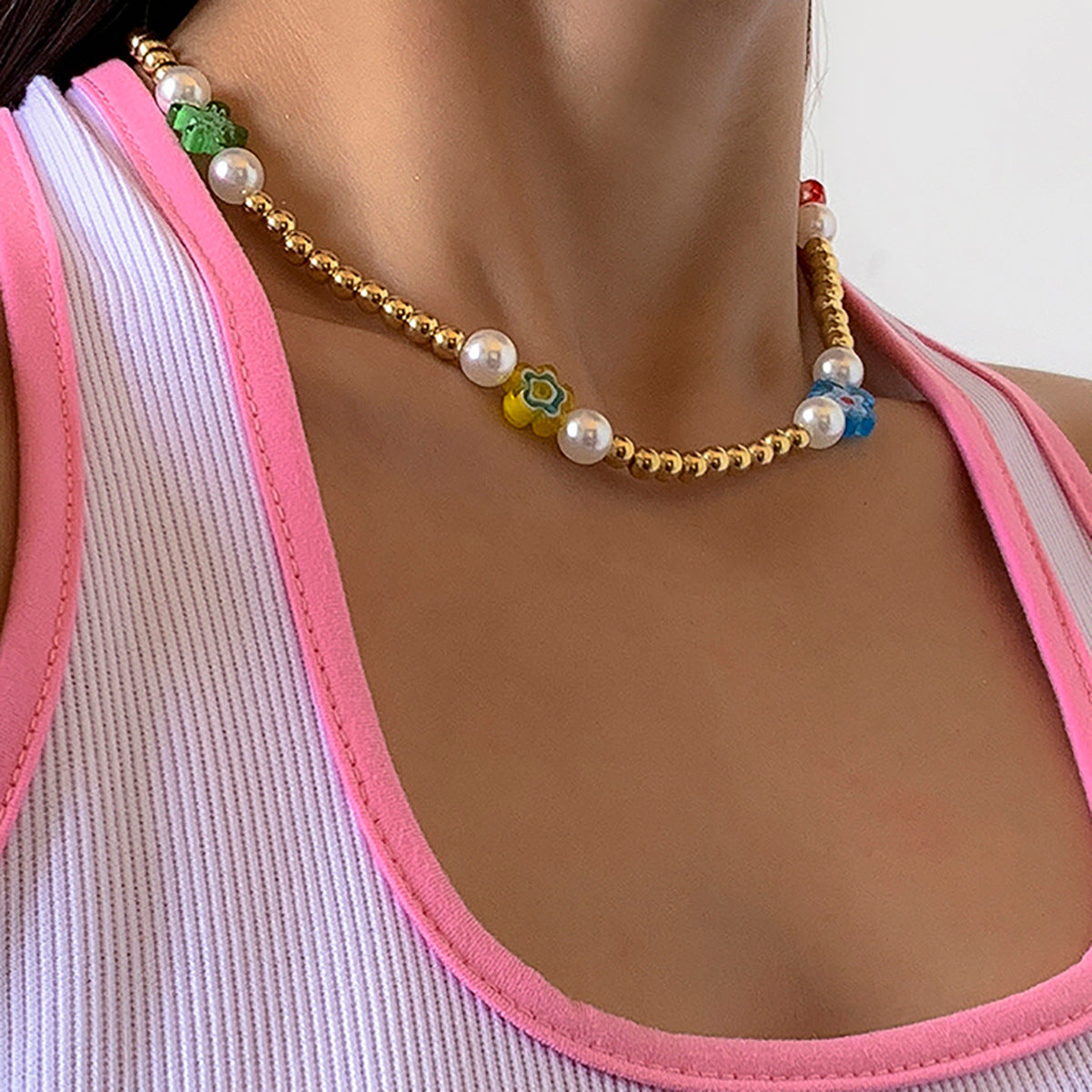 Bohemian Floral Resin Necklace for Women with Beaded Detail and Round Ball Chain