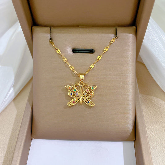 Collar de lujo con colgante de mariposa para mujer en acero de titanio con acabado chapado, diseño geométrico, motivo lunar, cadena de medallón de longitud ajustable