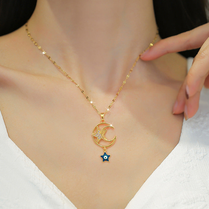 Minimalist Star and Moon Pendant Necklace for Women in Stainless Steel with Plated Finish, Delicate Clavicle Chain
