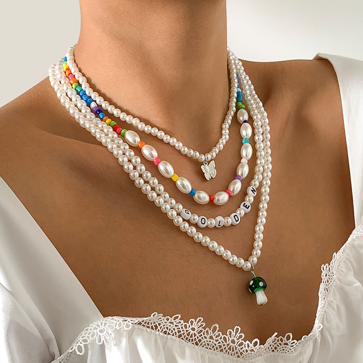 Sweet Vintage Butterfly Letter Acrylic Pendant Pearl Beaded Ball Chain Necklace for Women