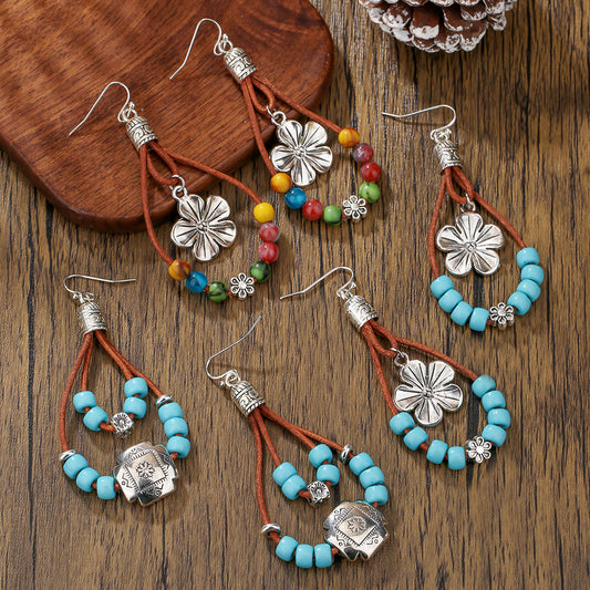 Vintage Bohemian Minimalist Floral Alloy Turquoise Inlay Leather Drop Earrings