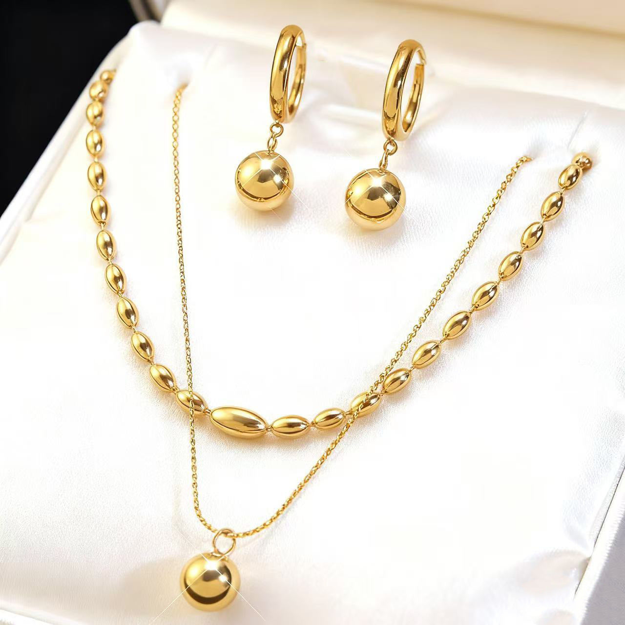 Minimalist Geometric 18K Gold Plated Stainless Steel Double Layer Ball Chain Necklace and Earring Set for Women