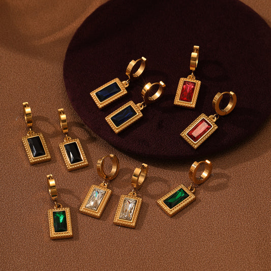Fashion 18K Gold Plated Square Zircon Titanium Steel Earrings for Women