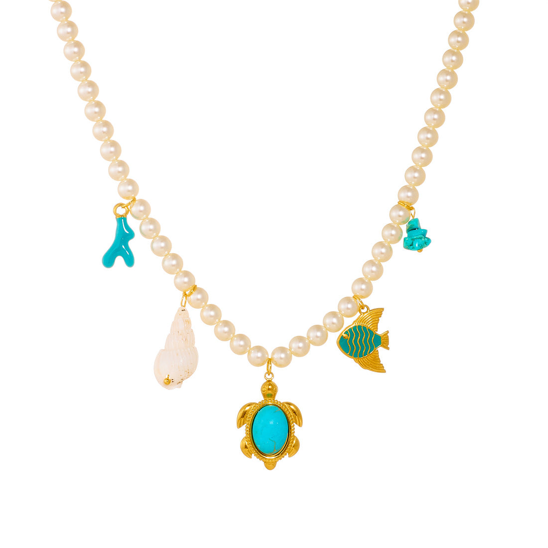 Sweet Gold Plated Drip Oil Animal Fish Turtle Conch Stainless Steel Pearl Turquoise Necklace for Women