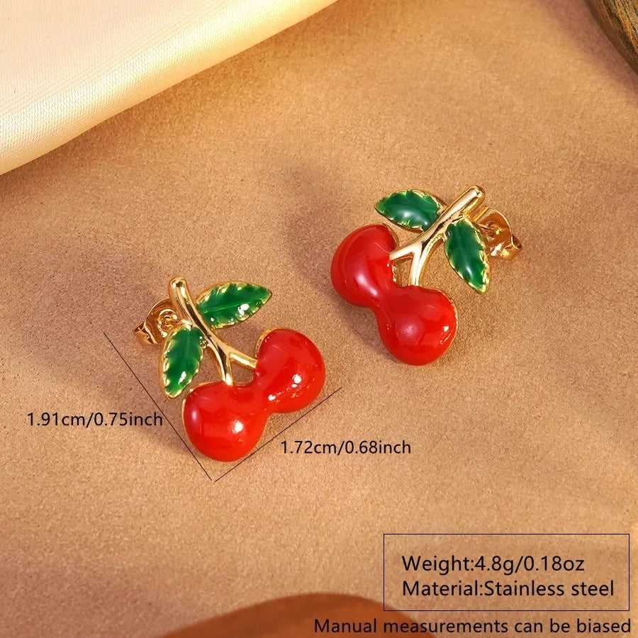 Sweet Drip Oil Stainless Steel Cherry Earrings for Women