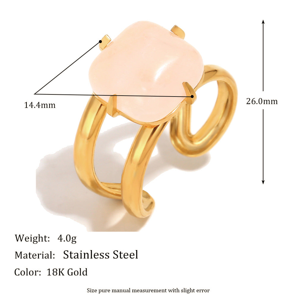 Fashionable French-Style Geometric Stainless Steel Plated 18K Gold Pink Jade Open Ring for Women