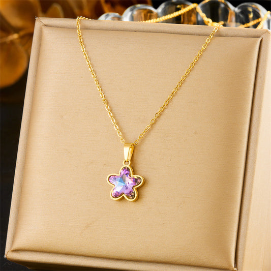 Fashion Business Casual Stainless Steel Gold Plated Flower Pendant Necklace Set with Earrings