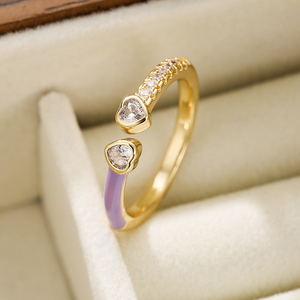 Anello Aperto Geometrico Minimalista da Donna in Ottone con Placcatura in Oro Vero e Finitura Smaltata con Intarsio in Zirconia Cubica