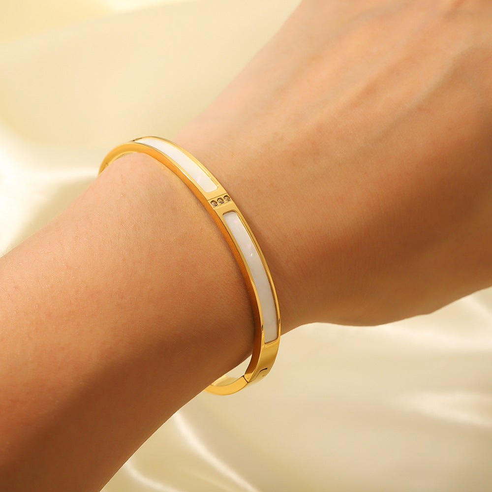 Minimalist Titanium Steel Bracelet with White Abalone Inlay and Rhinestone Accents, 18K Gold Plated for Fade-Resistant Finish