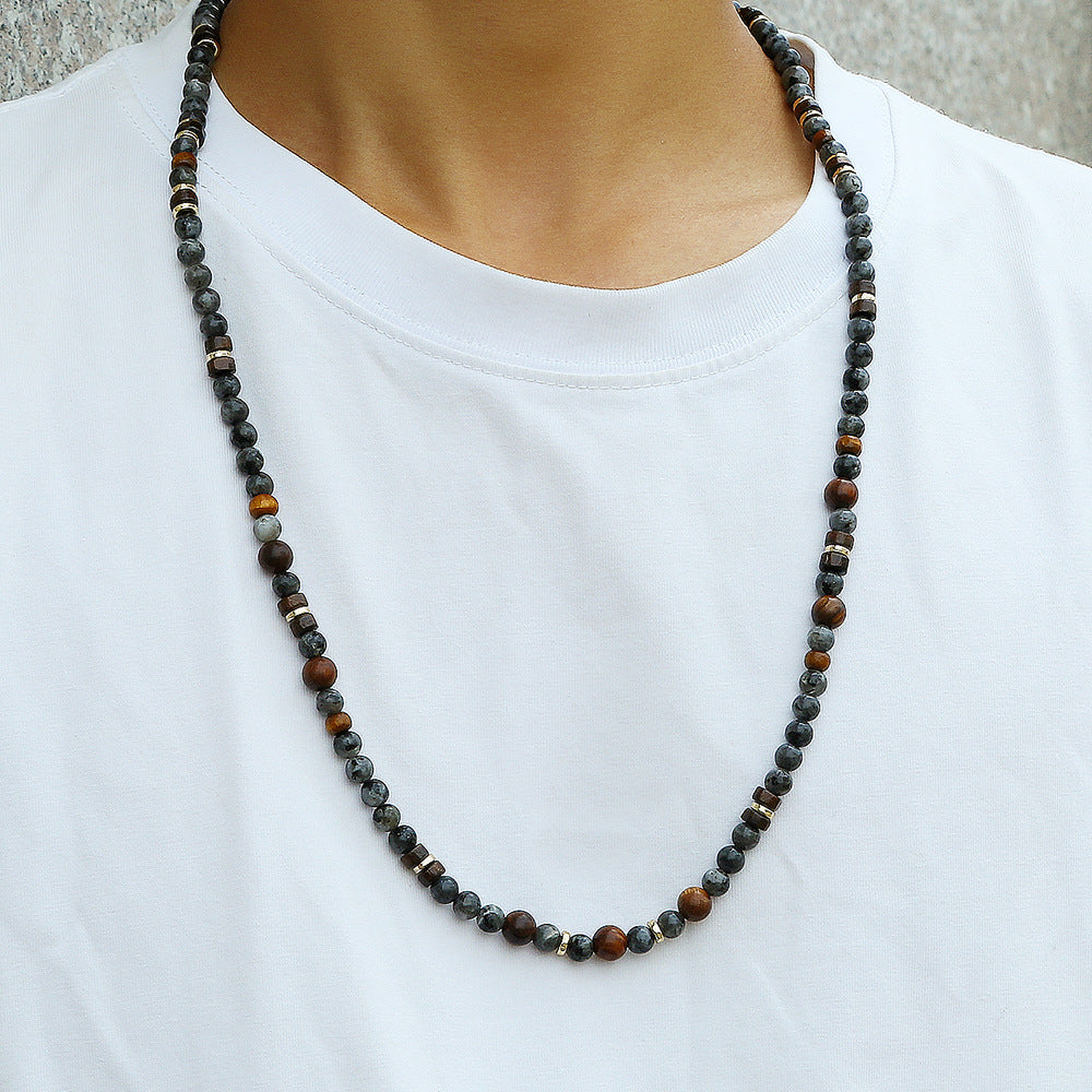 Casual Geometric Wood Beaded Tiger Eye Stone Necklace with Alloy Pendant for Men
